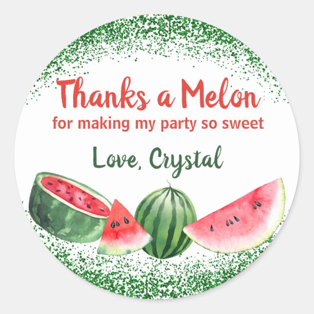 Thanks a Melon Sweet Watermelon Party Thank You Classic Round Sticker (Front)