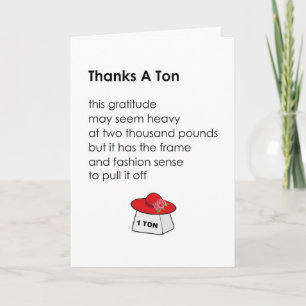 Thanks A Tonne - a funny thank you poem Card