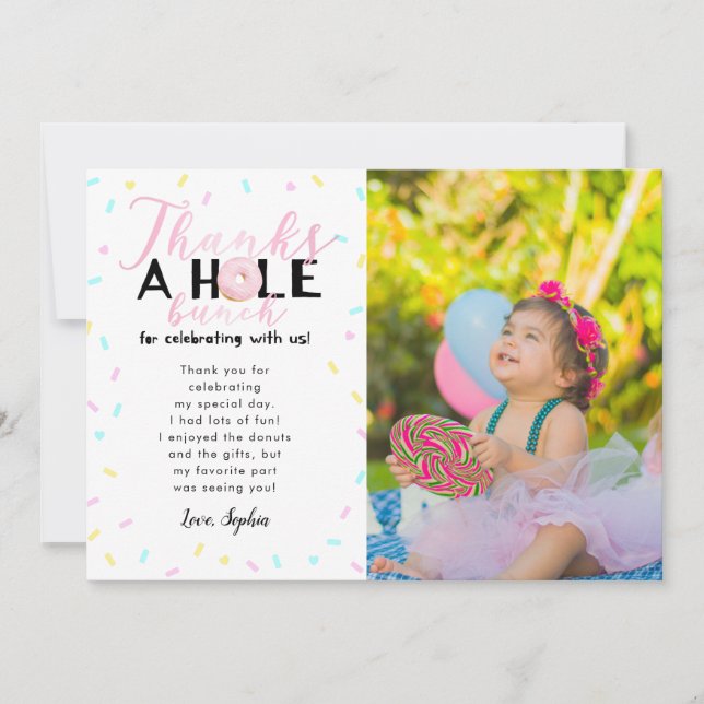 Thanks A Whole Bunch Doughnut Birthday Party Photo Thank You Card (Front)