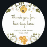 Thanks for Bee-ing Here Sticker<br><div class="desc">These customizable bee themed paper sticker are the perfect addition to a bridal shower, baby shower, or birthday!</div>