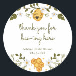Thanks for Bee-ing Here Sticker<br><div class="desc">These customizable bee themed paper sticker are the perfect addition to a bridal shower,  baby shower,  or birthday!</div>