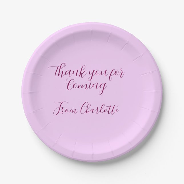 thanks for coming add name text message mauve paper plate (Front)