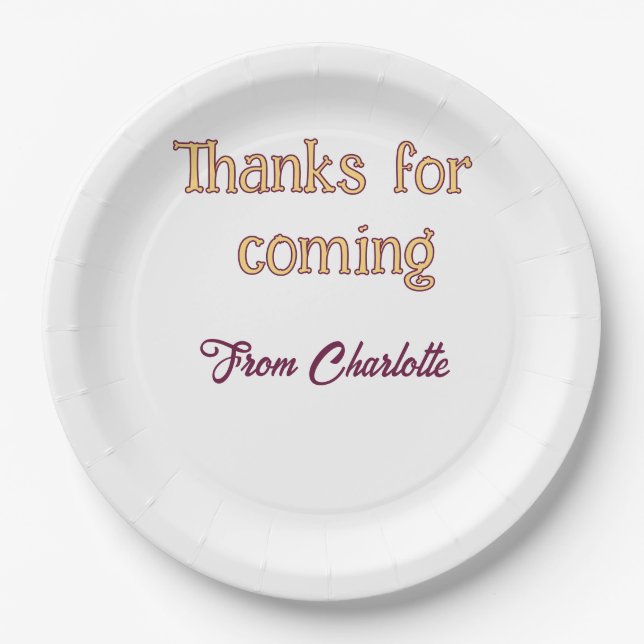 thanks for coming add name text message orange paper plate (Front)