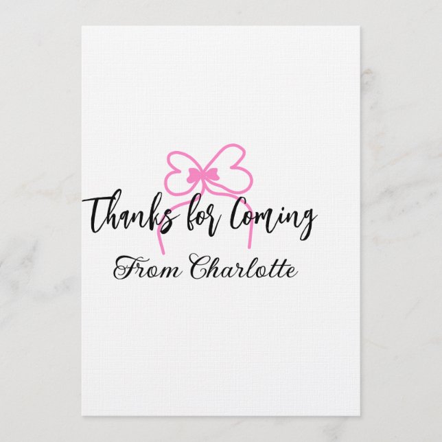 thanks for coming add name text message pink bow f invitation (Front)