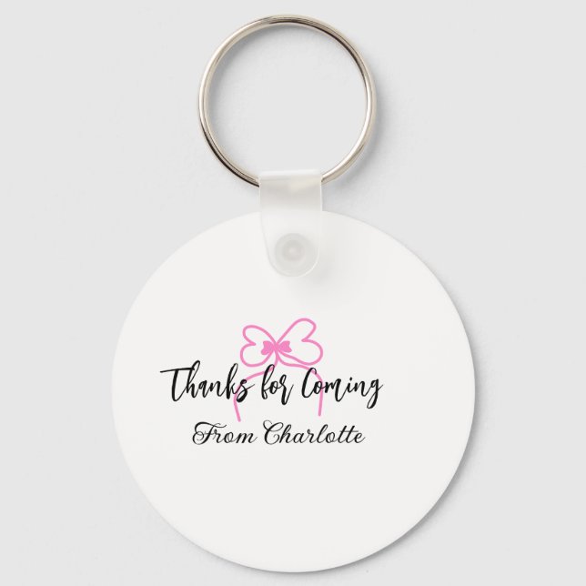 thanks for coming add name text message pink bow f keychain (Front)