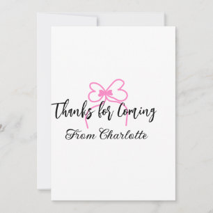 thanks for coming add name text message pink bow f thank you card