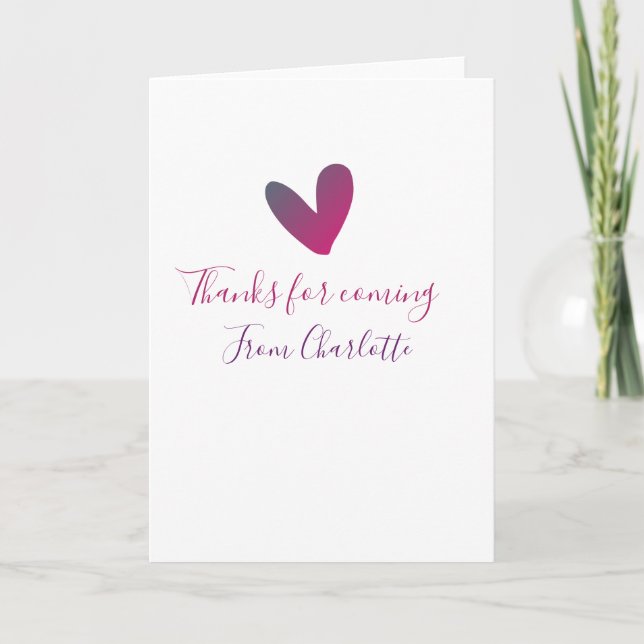thanks for coming add name text message pink heart card (Front)
