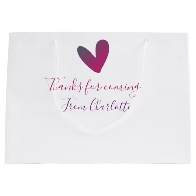 thanks for coming add name text message pink heart large gift bag (Front)