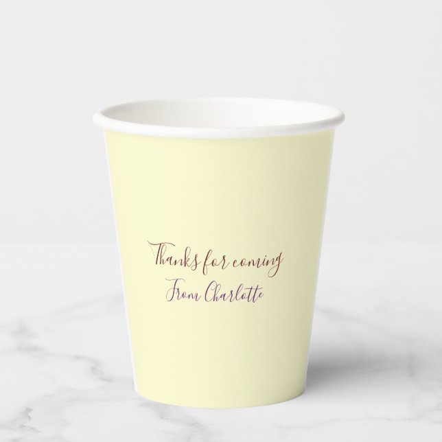 thanks for coming add name text message yellow pas paper cups (Front)