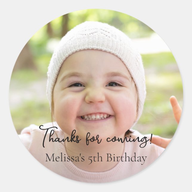 Thanks for Coming Photo Kids Birthday Party Classic Round Sticker (Front)
