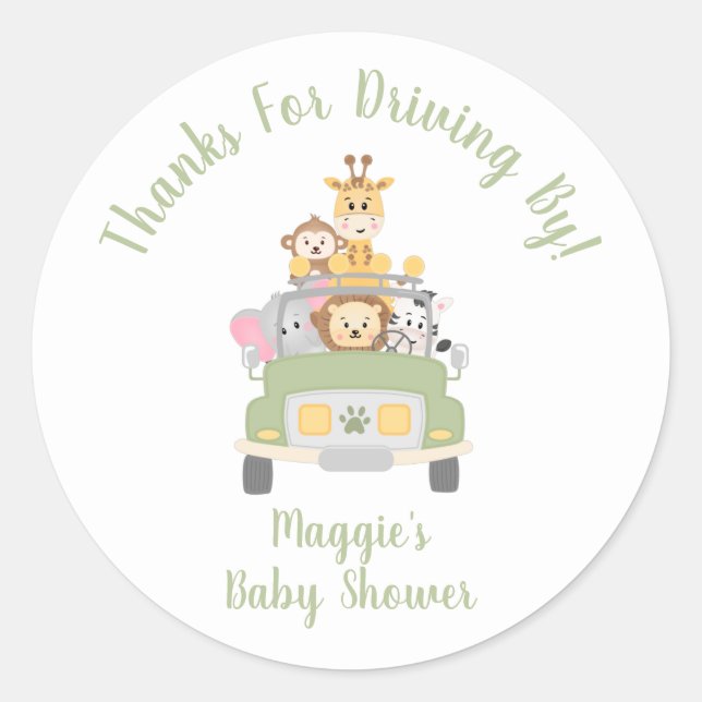 Thanks For Driving By Animal Safari Baby Shower Classic Round Sticker (Front)