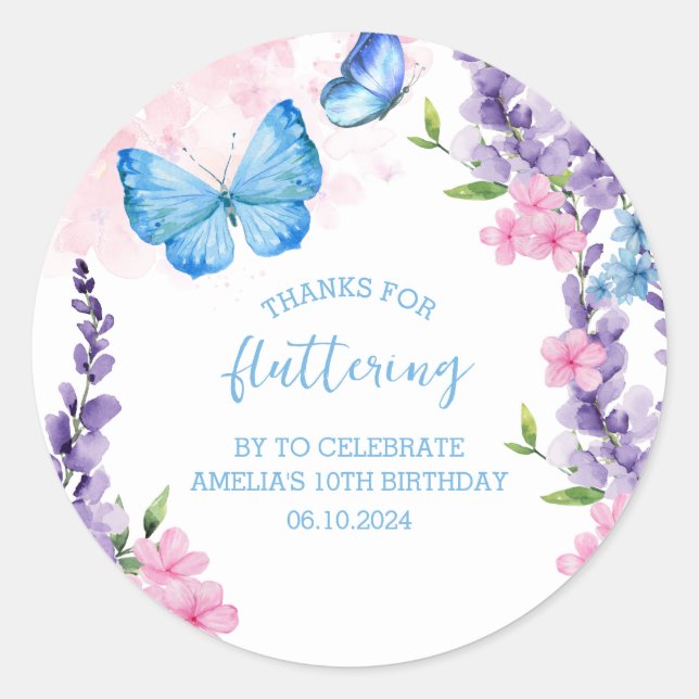 Thanks for fluttering Butterflies Birthday Classic Round Sticker (Front)