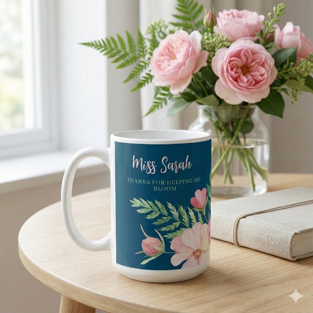 Thanks For Helping Me Bloom Floral Mug (Thank a special teacher with this beautiful floral, "Thank you for being you" personalized mug! )