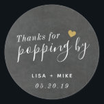 Thanks for Popping by Wedding Favour Chalkboard Classic Round Sticker<br><div class="desc">Custom-designed elegant wedding favour round stickers/labels featuring "Thanks for Popping by" in modern hand calligraphy with a gold glitter heart. Personalize with bride and groom's names and wedding date. Apply the stickers/labels on boxes,  bags,  or jars for unique DIY wedding popcorn favours/gifts.</div>