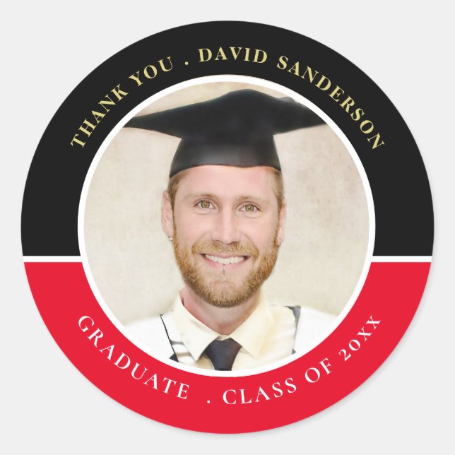 Thanks Grad Name Photo Year Black Red Graduation Classic Round Sticker (Front)