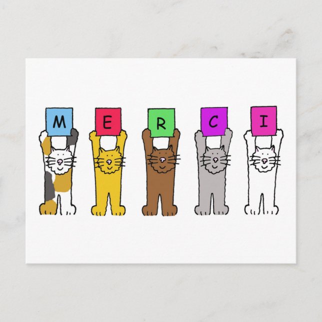 Thanks in French Cartoon Cats Saying 'Merci'. Postcard (Front)
