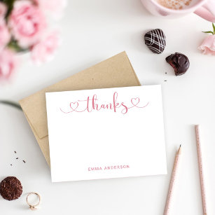 Thanks in Modern Pink Heart Script Personalized Thank You Card