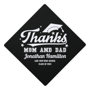 Thanks Mom And Dad Black And White Typography Graduation Cap Topper