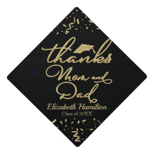 Thanks Mom And Dad Gold Black Calligraphy Graduation Cap Topper