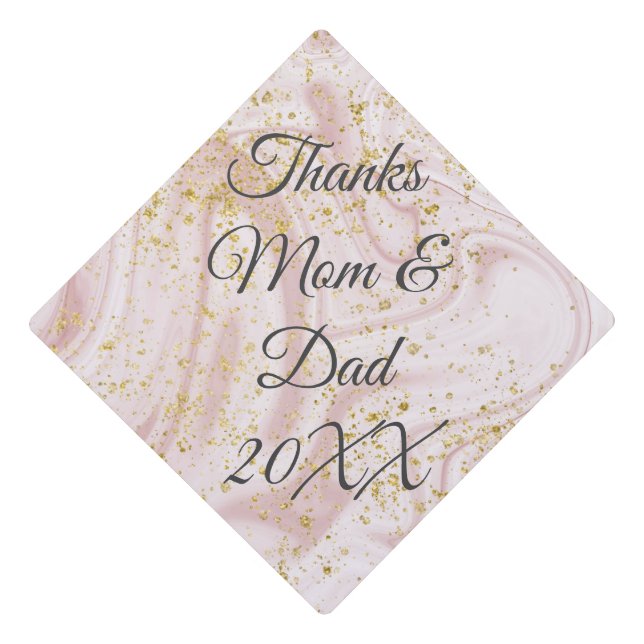 Thanks Mom and Dad Pink White Gold Glitter Swirl Graduation Cap Topper (Front)
