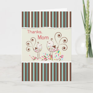 Thanks Mom, Cute Birds on Stripes Thank You Card