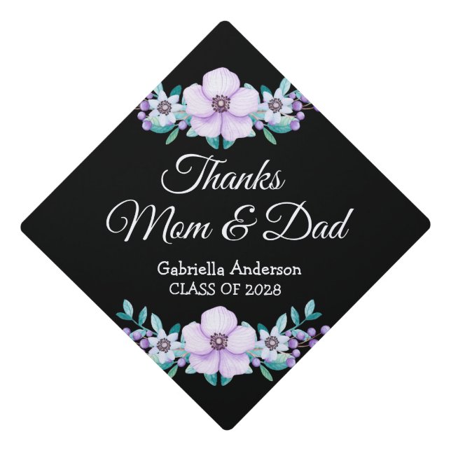 Thanks Mom & Dad Personalized  Pink Floral Wreath Graduation Cap Topper (Front)