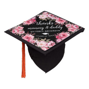Thanks Mom & Dad Watercolor Flower Custom Graduate Graduation Cap Topper