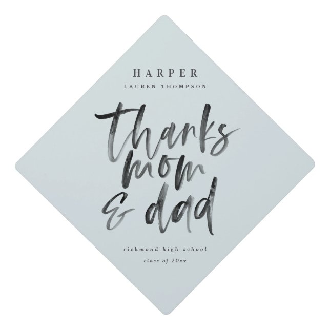 Thanks mom & dad watercolor text graduation cap topper (Front)