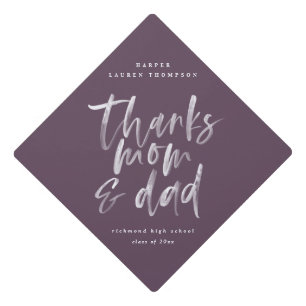 Thanks mom & dad watercolor text plum purple graduation cap topper