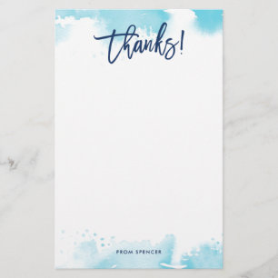 THANKS NOTE modern hand lettered aqua watercolor Stationery