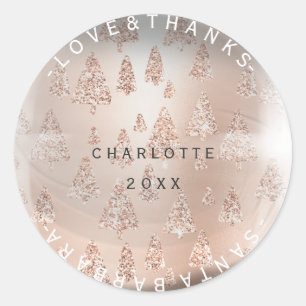 Thanks Pink Rose Christmas Tree Holidays Glitter Classic Round Sticker
