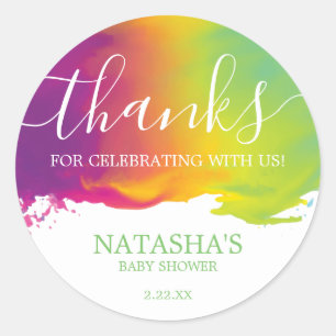 Thanks, Rainbow Watercolor Paint Splatter, Green Classic Round Sticker