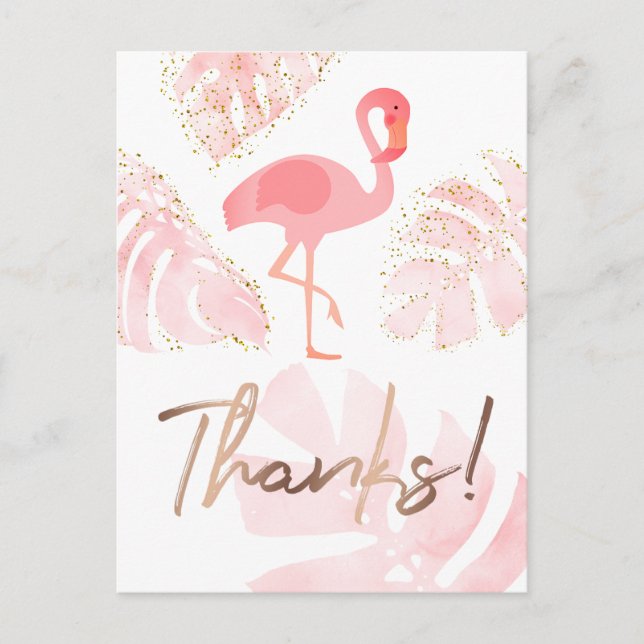 thanks script flamingo pink tropical palms postcard (Front)