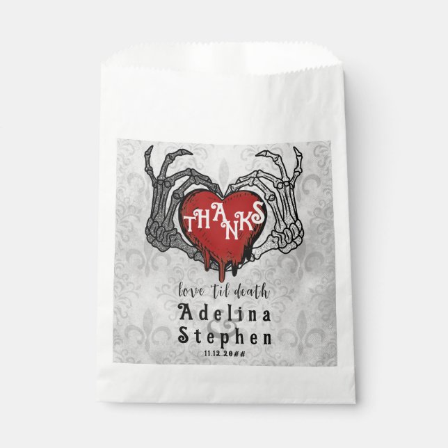 Thanks Skeleton Hands Red Heart Halloween Wedding Favour Bag (Front)