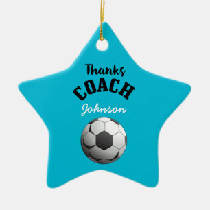 Thanks Soccer Coach Aqua Blue Stars Ball Ceramic Ornament