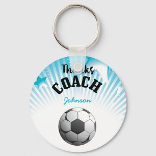 Thanks Soccer Coach Aqua Blue Stars Ball Keychain