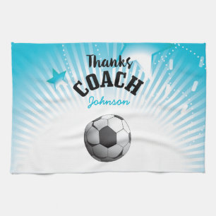 Thanks Soccer Coach Aqua Blue Stars Ball Kitchen Towel