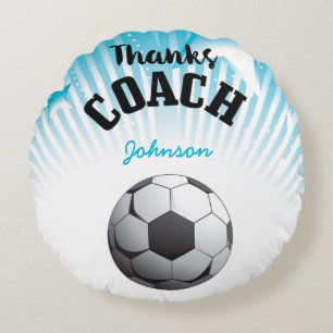 Thanks Soccer Coach Aqua Blue Stars Ball Round Pillow