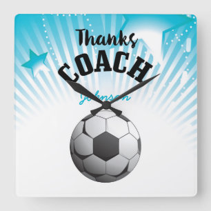 Thanks Soccer Coach Aqua Blue Stars Ball Square Wall Clock