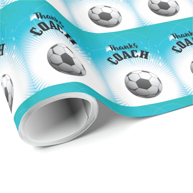 Thanks Soccer Coach Aqua Blue Stars Ball Wrapping Paper (Roll Corner)