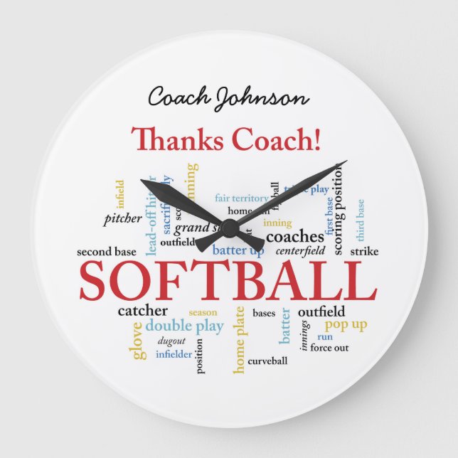 Thanks Softball Coach Words From Group, Team, Red Large Clock (Front)