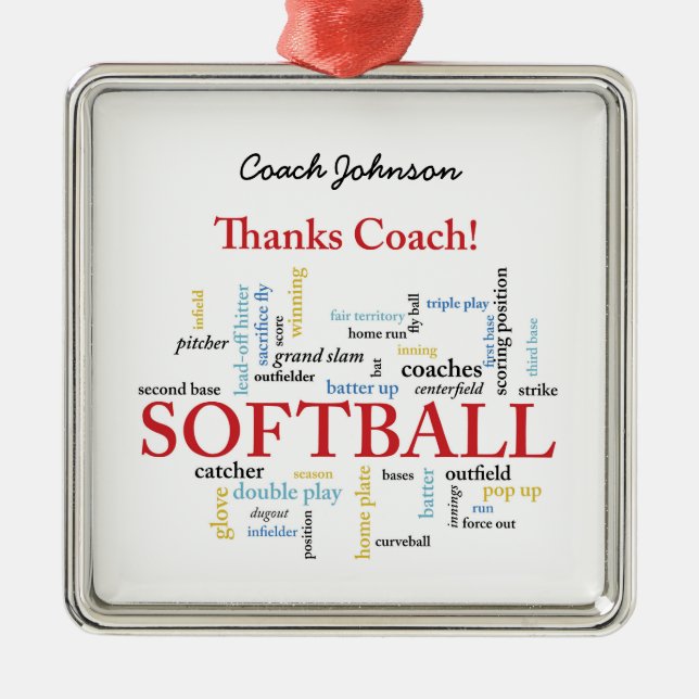 Thanks Softball Coach Words From Group, Team, Red Metal Ornament (Front)