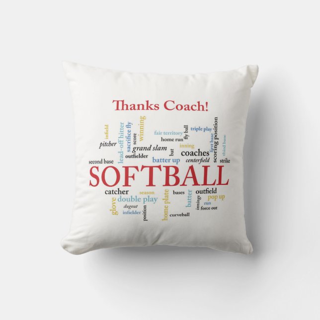 Thanks Softball Coach Words From Group, Team, Red Throw Pillow (Front)