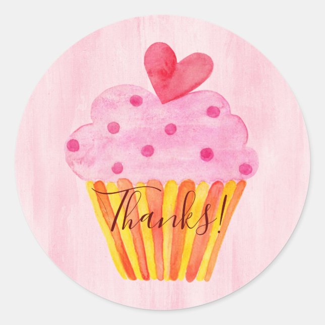 Thanks! watercolor cupcake pink thank you classic round sticker (Front)