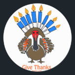 Thanksanukkah Thanksgivukkah  turkey menorah gift Classic Round Sticker<br><div class="desc">THIS TURKEY MENORAH IS A UNIQUE DESIGN ON A VARIETY OF CHANUKAH HANUKKAH GIFTS FOR THANKSGIVUKKAH 2013.  WEAR A THANKSANUKKAH SHIRT AND GIVE THE HOSTESS A SPECIAL APRON TO SHOW OFF HER AMERICAN JEWISH PRIDE.</div>