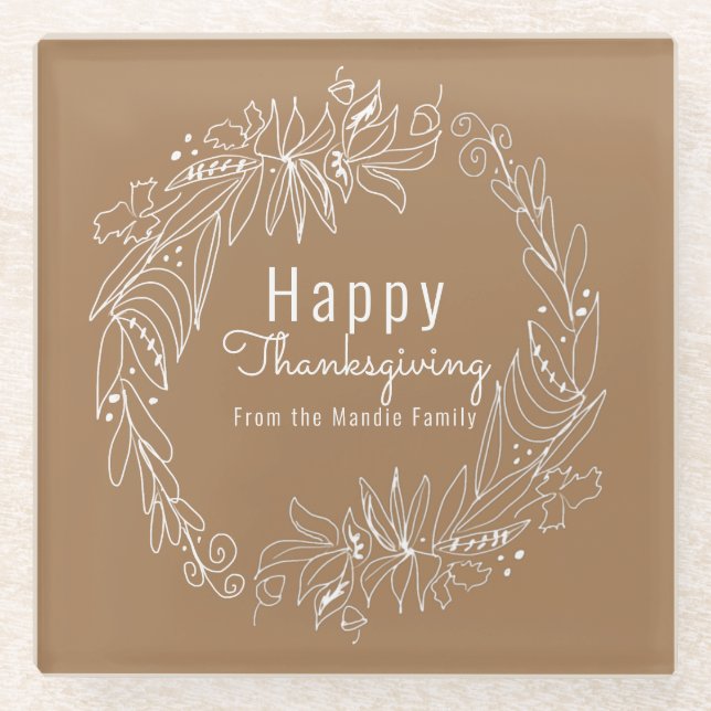 Thanksgiving Acorn Wreath Hand Drawn Illustration Glass Coaster (Front)