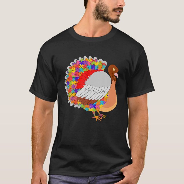 Thanksgiving Autism Turkey Jigsaw Puzzle Gobble T-Shirt (Front)