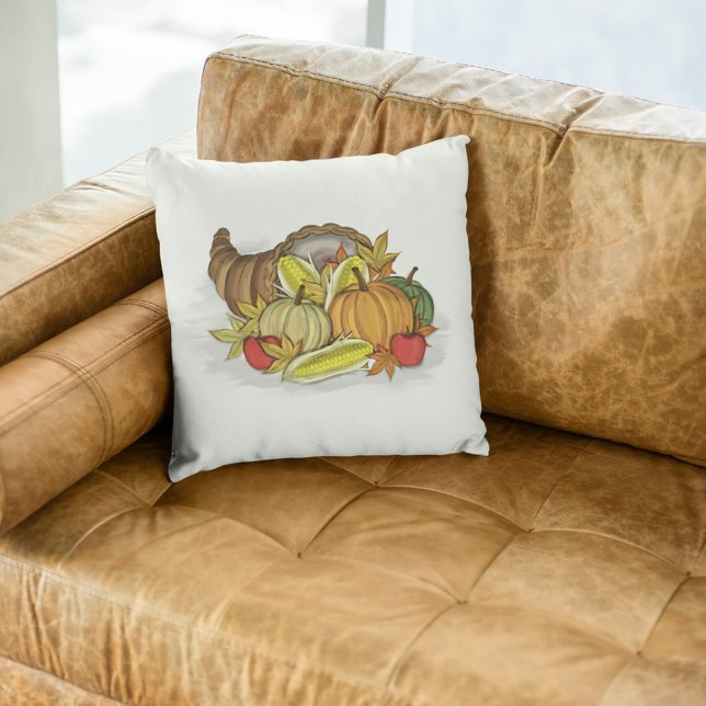 Thanksgiving Autumn Cornucopia Simple Throw Pillow (Fall Harvest Cornucopia watercolor throw pillow. )