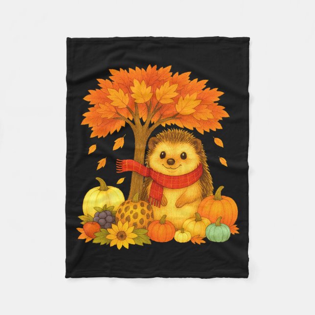 Thanksgiving Autumn Fall Hedgehog Leaf Fall Tree  Fleece Blanket (Front)