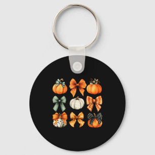 Thanksgiving Autumn Fall Leaves Coquette Bow Pumpk Keychain